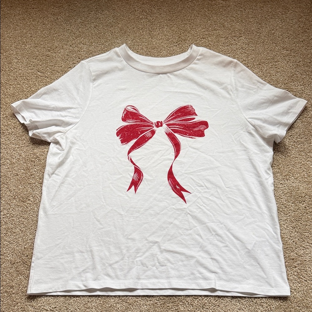 Primark White Tshirt with Red Bow Size Medium